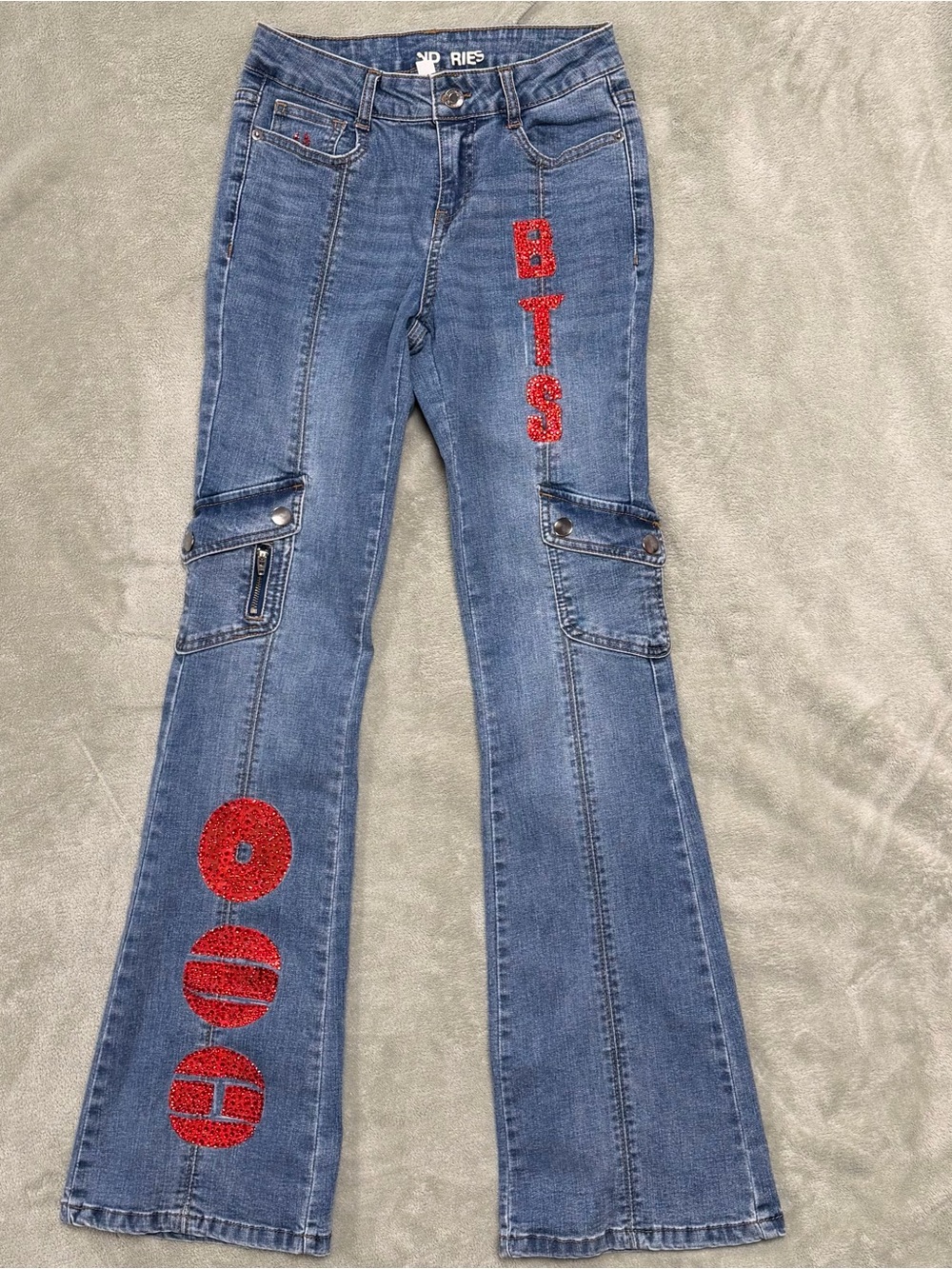 Denim Flare Jeans with handmade BTS Arirang bedazzled. Size 2
